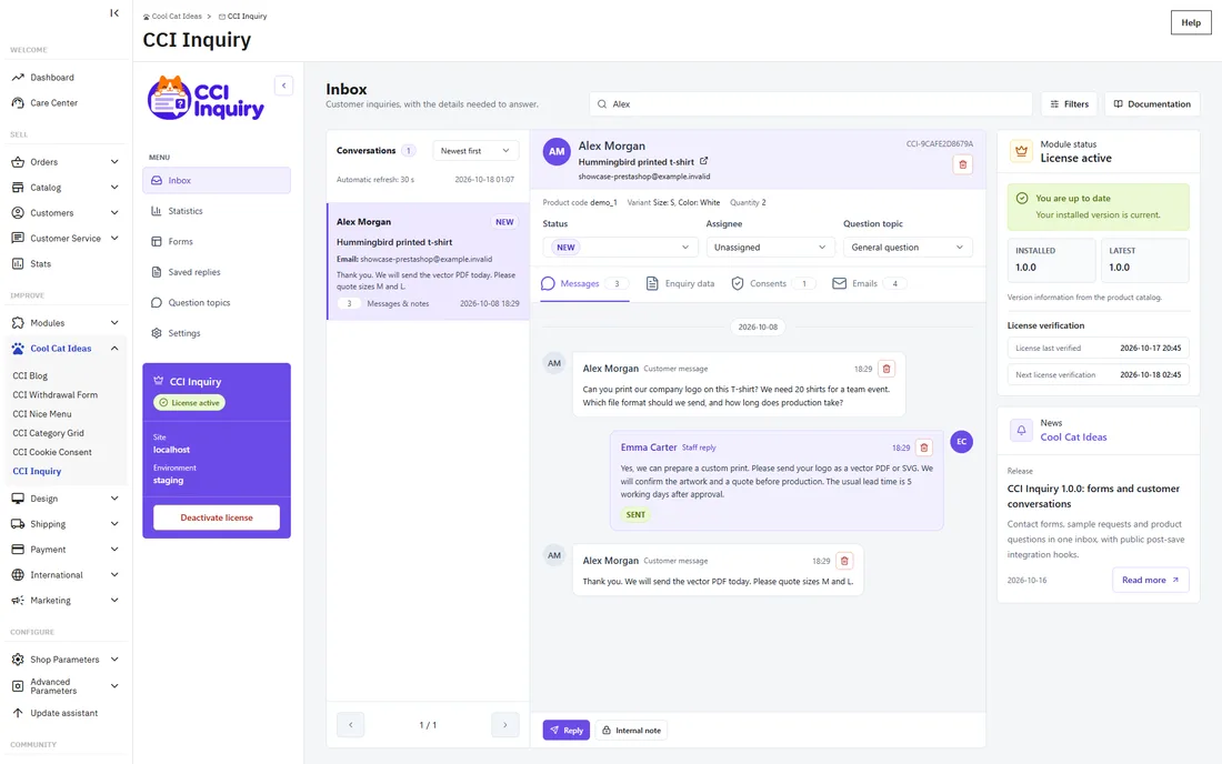 Skrzynka zapytań o produkty w module CCI Inquiry dla PrestaShop